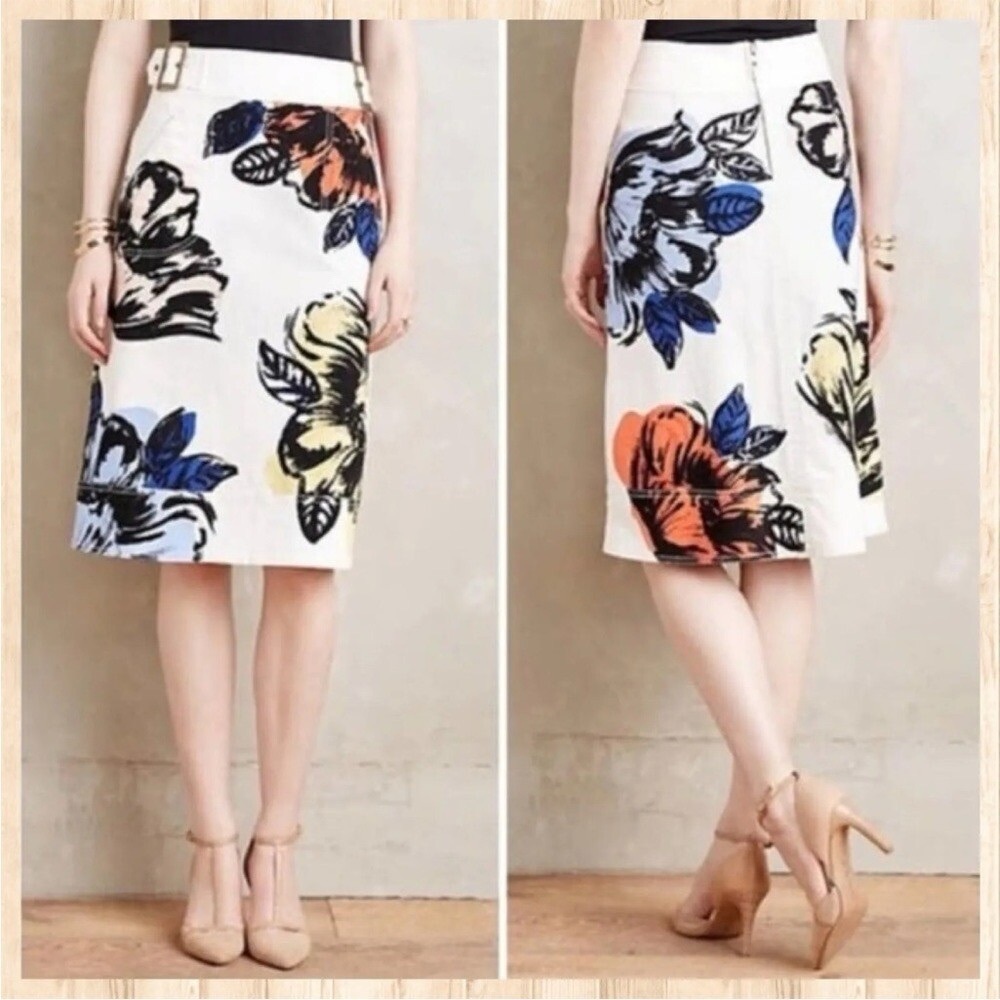 Anthropologie Maeve | Rosny Floral Watercolor Pattern Buckle Midi Skirt